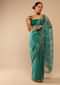 Teal Green Saree In Organza With Lehariya Print And Hand Embroidered Border With Beads And Sequins Work