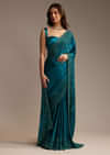 Teal Green Satin Chinon Saree with Floral Embroidery