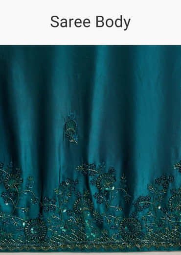 Teal Green Satin Chinon Saree with Floral Embroidery