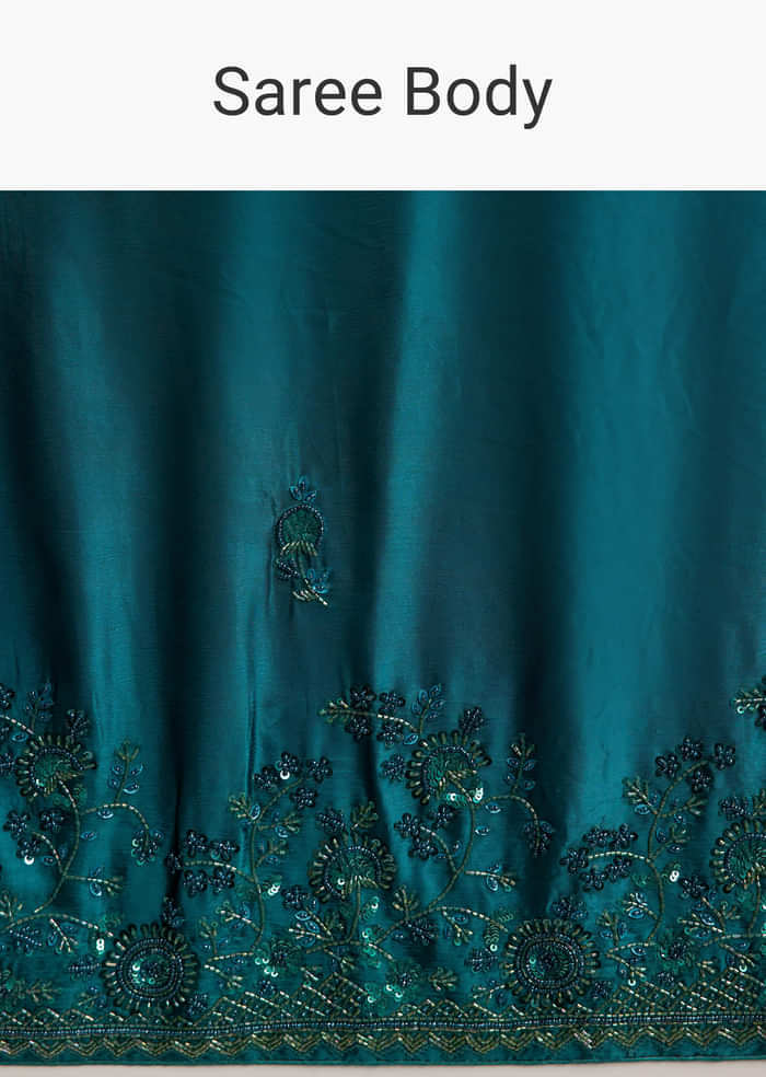 Teal Green Satin Chinon Saree with Floral Embroidery