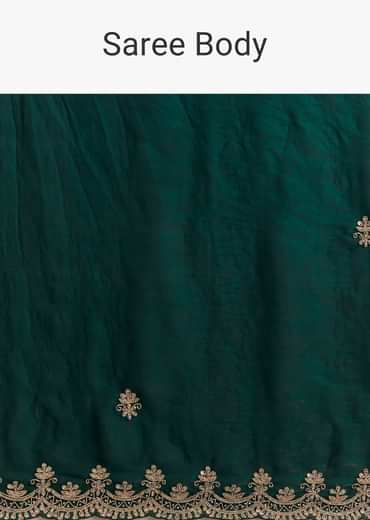 Teal Green Satin Saree With Zardosi Embroidery And Scallop Border