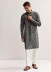 Teal Green Silk Printed Kurta For Men