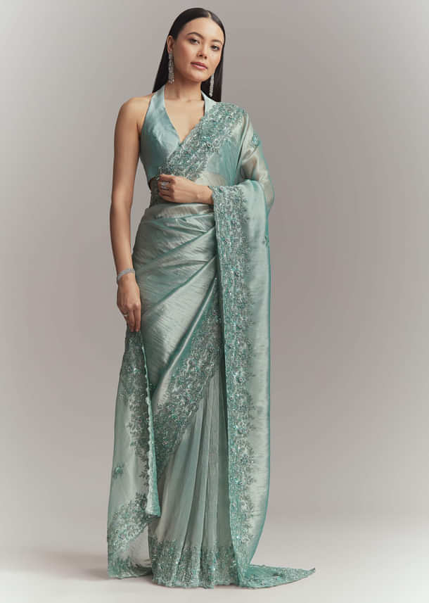 Teal Green Tissue Embroidered Saree With Heavy Hand Embroidery Teal Green Tissue Embroidered Saree With Heavy Hand Embroidery