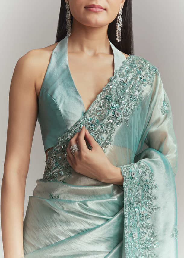 Teal Green Tissue Embroidered Saree With Heavy Hand Embroidery Teal Green Tissue Embroidered Saree With Heavy Hand Embroidery