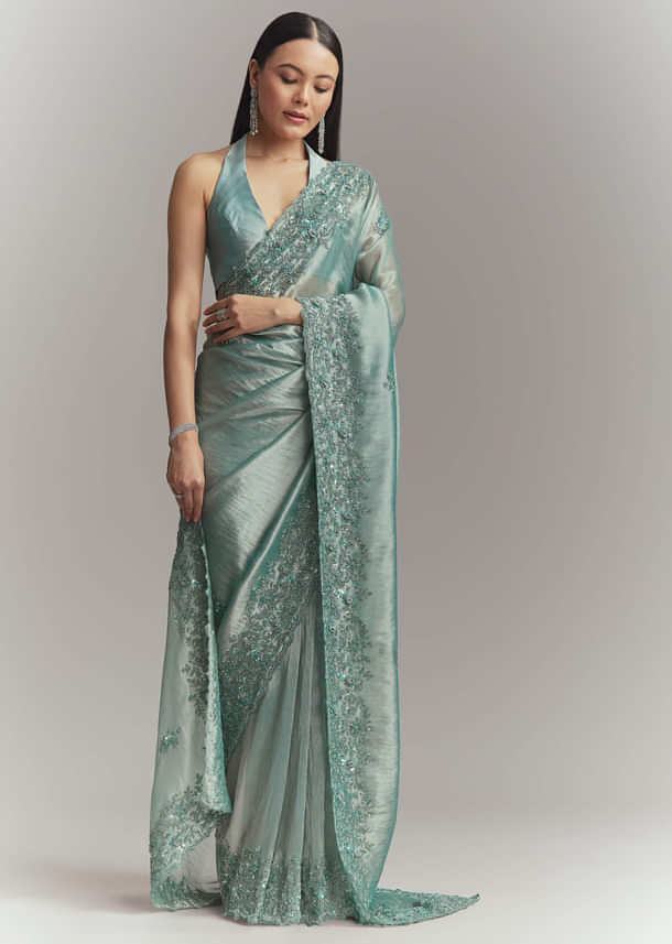Teal Green Tissue Embroidered Saree With Heavy Hand Embroidery Teal Green Tissue Embroidered Saree With Heavy Hand Embroidery