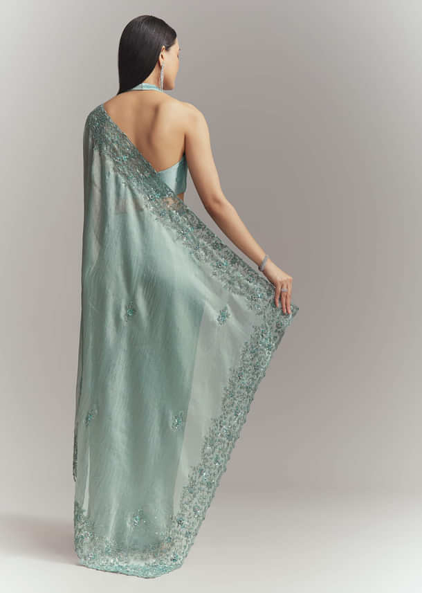 Teal Green Tissue Embroidered Saree With Heavy Hand Embroidery Teal Green Tissue Embroidered Saree With Heavy Hand Embroidery