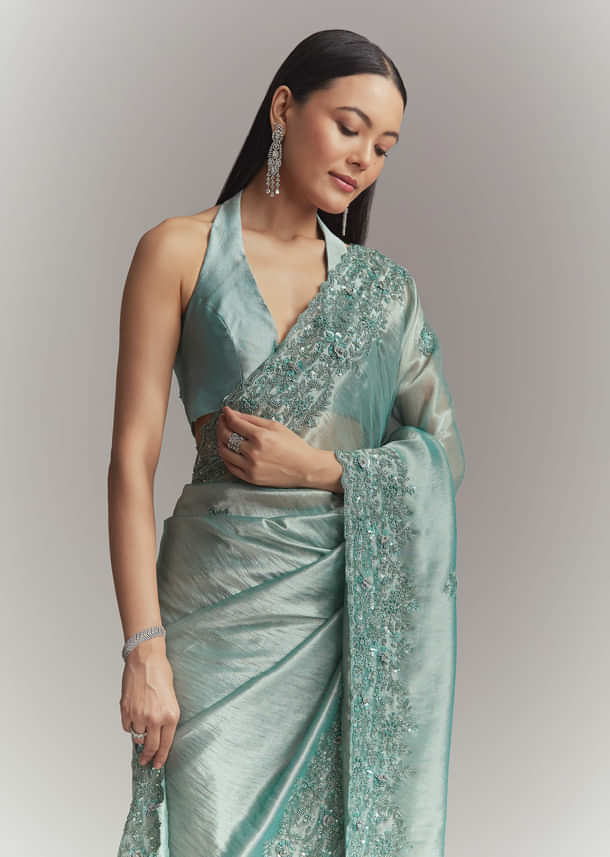 Teal Green Tissue Embroidered Saree With Heavy Hand Embroidery Teal Green Tissue Embroidered Saree With Heavy Hand Embroidery