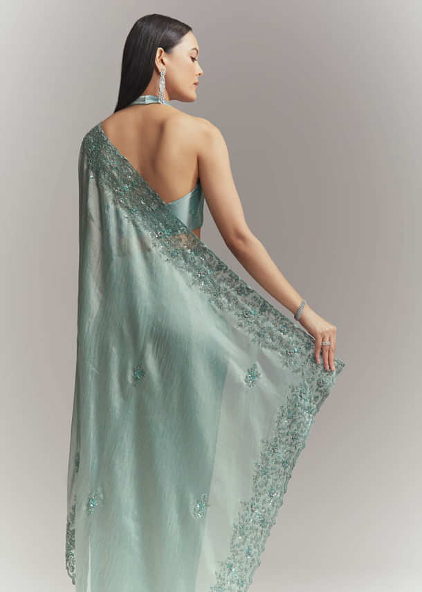 Teal Green Tissue Embroidered Saree With Heavy Hand Embroidery Teal Green Tissue Embroidered Saree With Heavy Hand Embroidery