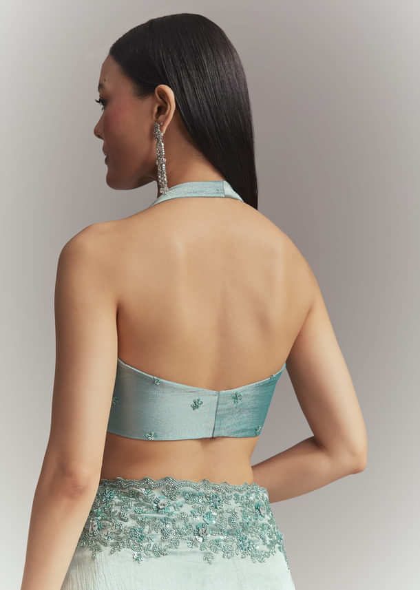 Teal Green Tissue Embroidered Saree With Heavy Hand Embroidery Teal Green Tissue Embroidered Saree With Heavy Hand Embroidery