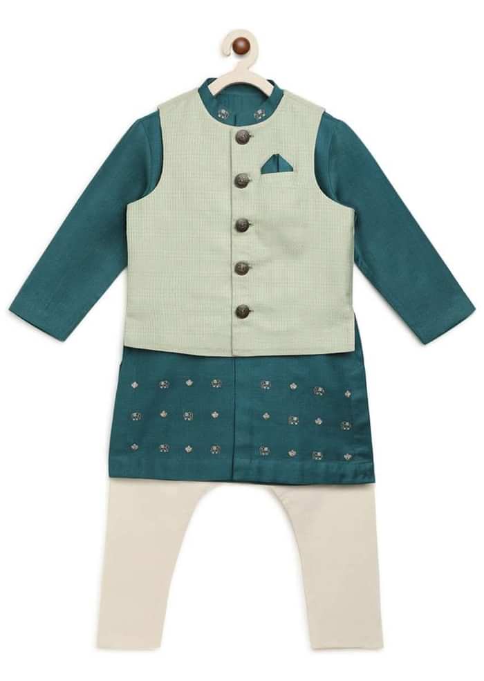 Kalki Boys Teal Kurta Set With Elephant Motifs And Green Nehru Jacket With Kantha Work By Tiber Taber
