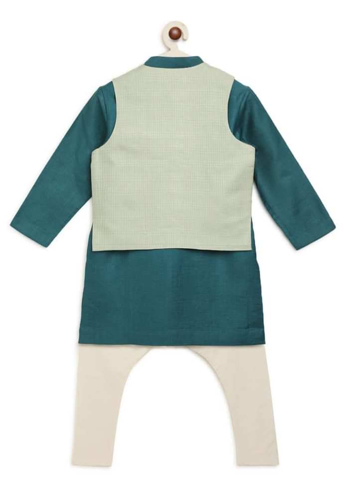 Kalki Boys Teal Kurta Set With Elephant Motifs And Green Nehru Jacket With Kantha Work By Tiber Taber