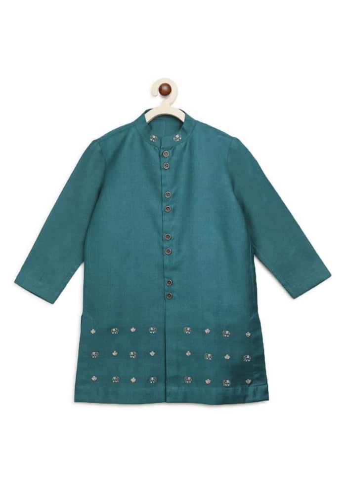Kalki Boys Teal Kurta Set With Elephant Motifs And Green Nehru Jacket With Kantha Work By Tiber Taber
