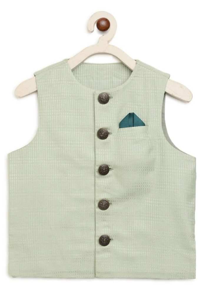 Kalki Boys Teal Kurta Set With Elephant Motifs And Green Nehru Jacket With Kantha Work By Tiber Taber