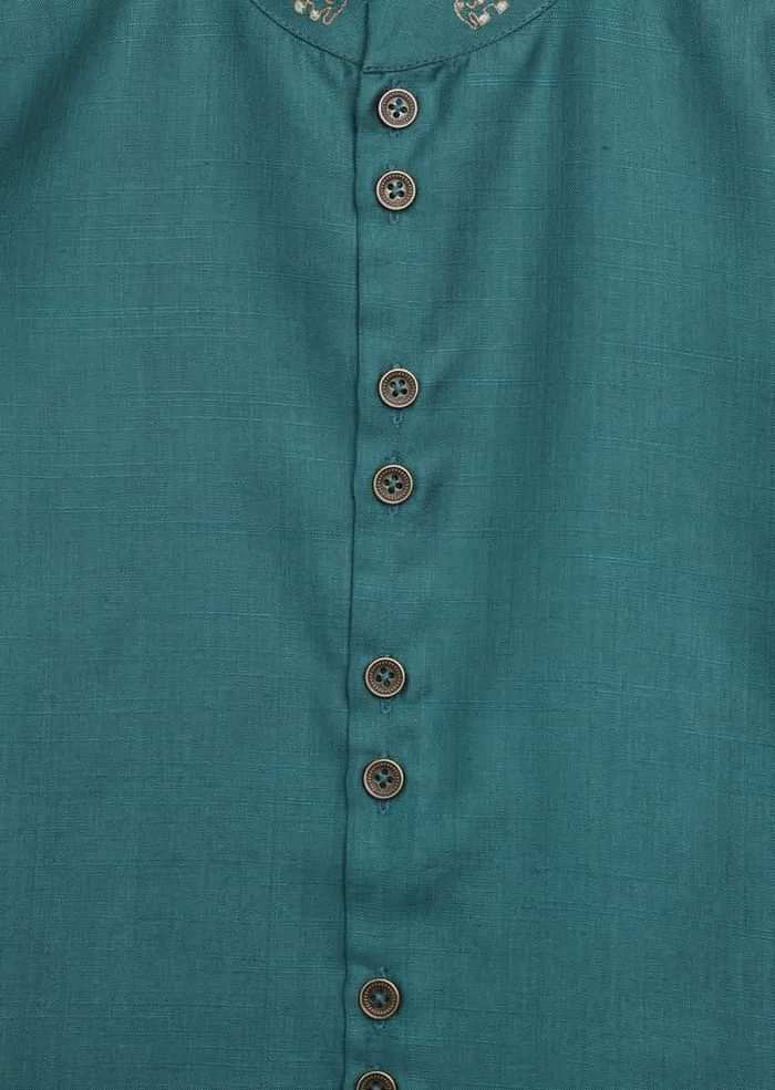 Kalki Boys Teal Kurta Set With Elephant Motifs And Green Nehru Jacket With Kantha Work By Tiber Taber
