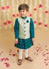 Kalki Boys Teal Kurta Set With Elephant Motifs And Green Nehru Jacket With Kantha Work By Tiber Taber