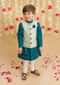 Kalki Boys Teal Kurta Set With Elephant Motifs And Green Nehru Jacket With Kantha Work By Tiber Taber