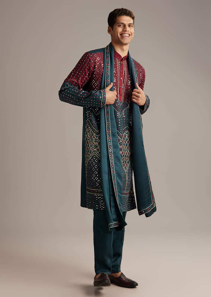 Teal Linen Kurta Set For Men With Mirror Work