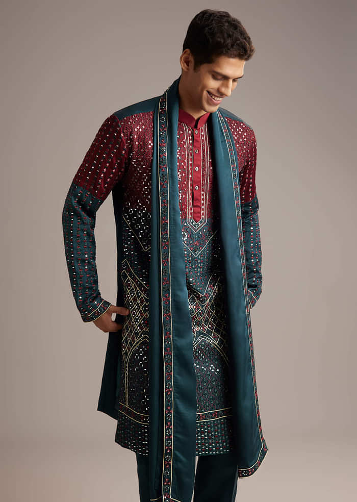 Teal Linen Kurta Set For Men With Mirror Work