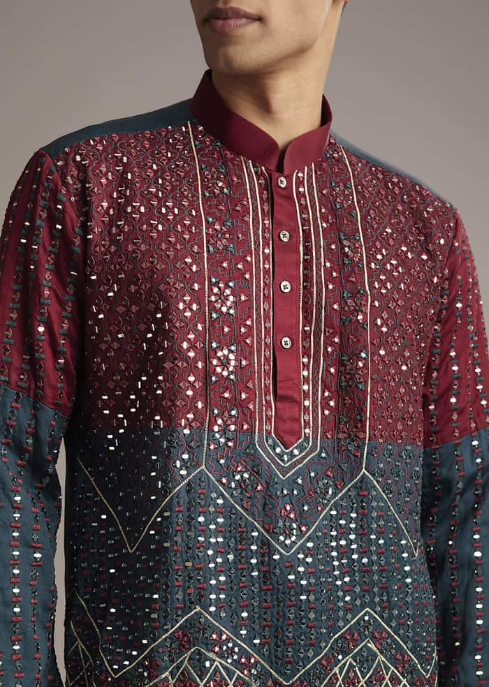 Teal Linen Kurta Set For Men With Mirror Work