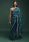 Teal Saree In Chinon With Stones, Pearls And Cut Dana Embellished Floral Jaal Online - Kalki Fashion