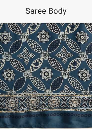 Teal Satin Ajrakh Print Saree With Mirror Embellished Border And Pallu