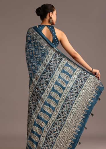 Teal Satin Ajrakh Print Saree With Mirror Embellished Border And Pallu