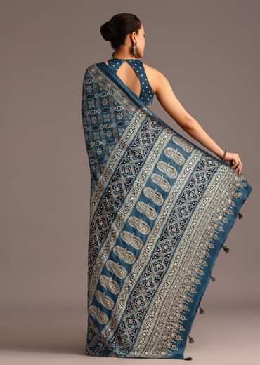 Teal Satin Ajrakh Print Saree With Mirror Embellished Border And Pallu