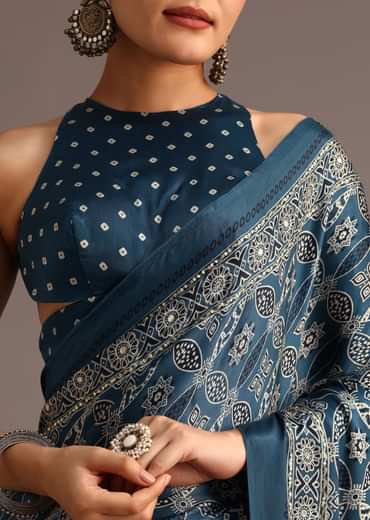 Teal Satin Ajrakh Print Saree With Mirror Embellished Border And Pallu