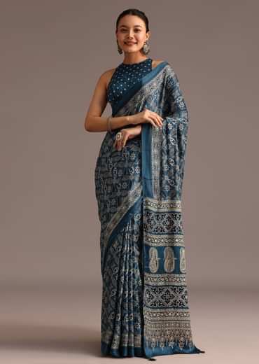 Teal Satin Ajrakh Print Saree With Mirror Embellished Border And Pallu