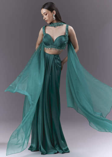 Teal Satin Crop Top And Drape Skirt Set With Heavy Embroidery