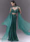Teal Satin Crop Top And Drape Skirt Set With Heavy Embroidery