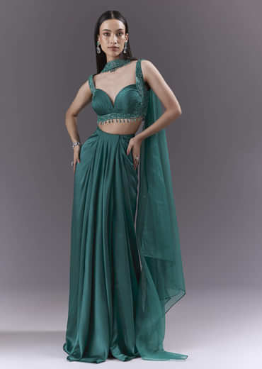 Teal Satin Crop Top And Drape Skirt Set With Heavy Embroidery