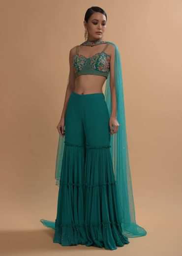 Teal Sharara And Crop Top Set With Colorful Resham, Cut Dana And Moti Embroidered Spring Blooms