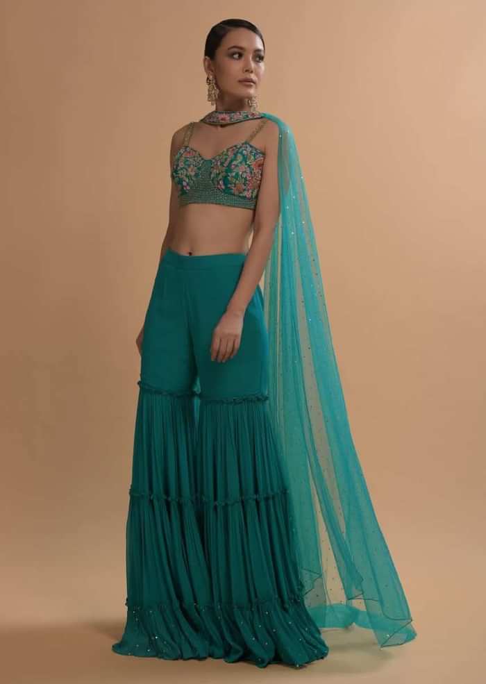 Teal Sharara And Crop Top Set With Colorful Resham, Cut Dana And Moti Embroidered Spring Blooms