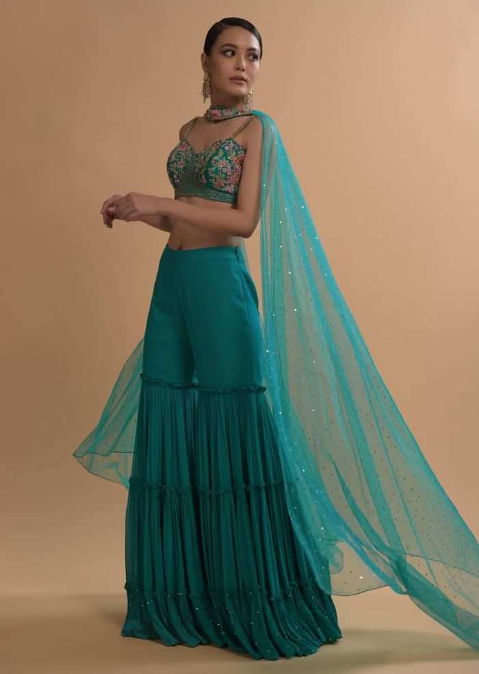 Teal Sharara And Crop Top Set With Colorful Resham, Cut Dana And Moti Embroidered Spring Blooms
