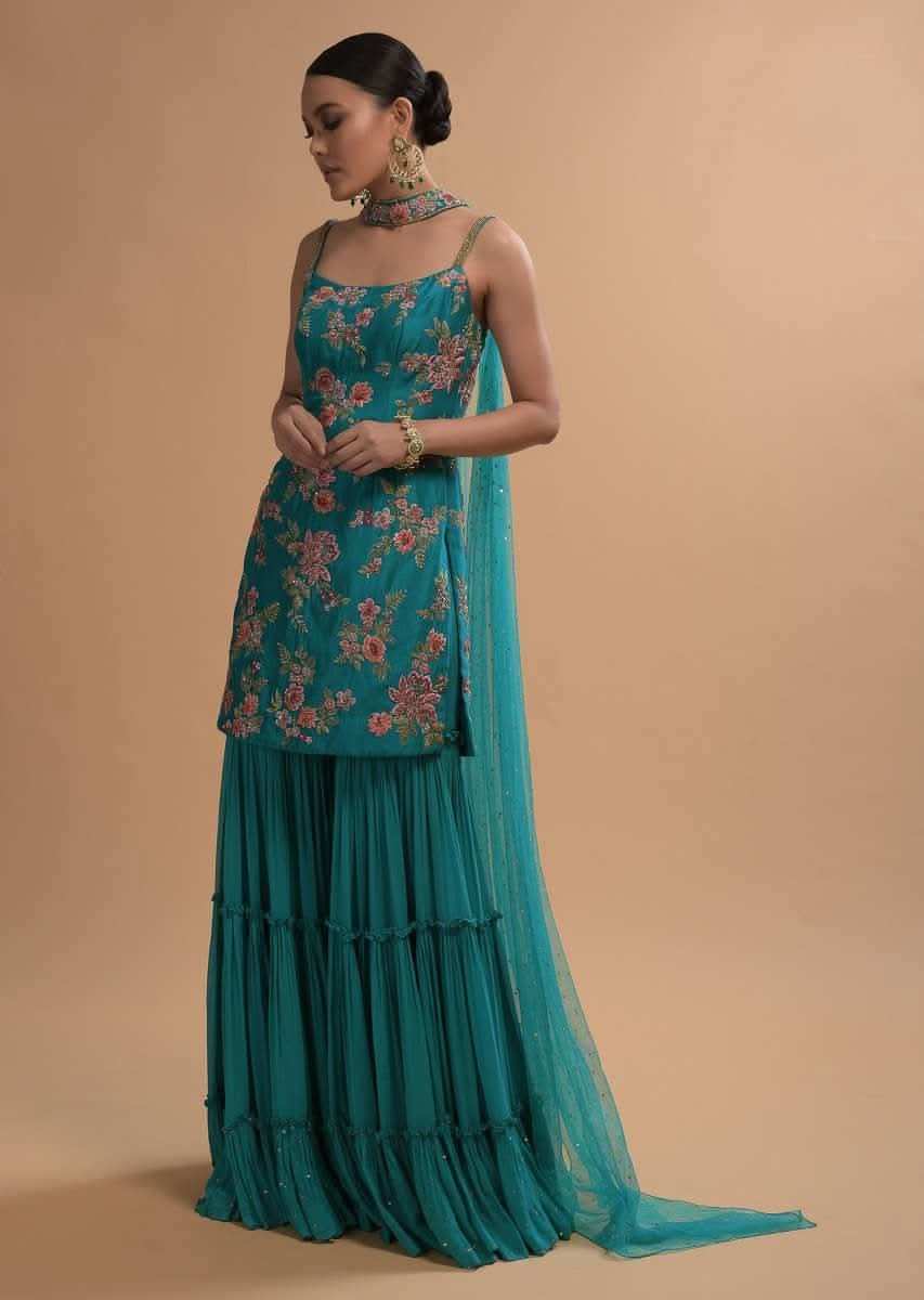 Teal Sharara Suit With Colorful Resham, Cut Dana And Moti Embroidered Spring Blossoms