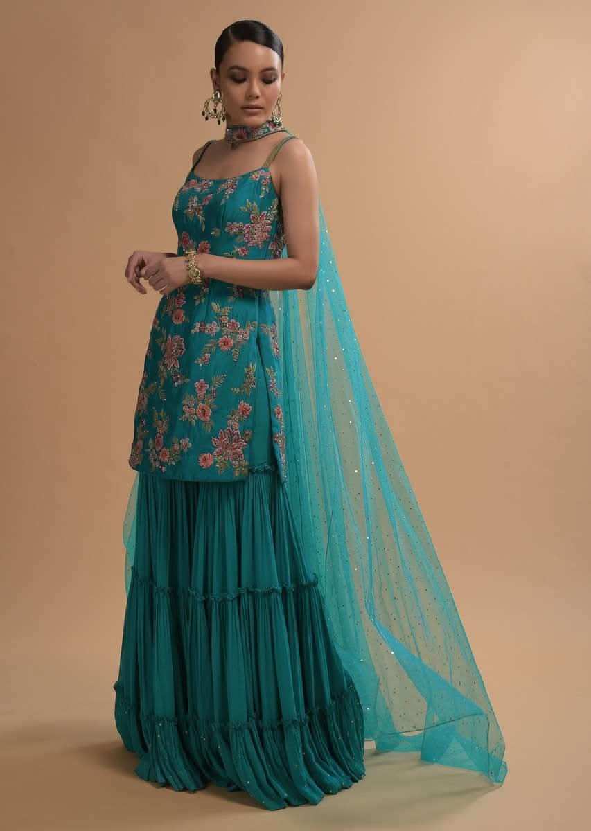 Teal Sharara Suit With Colorful Resham, Cut Dana And Moti Embroidered Spring Blossoms