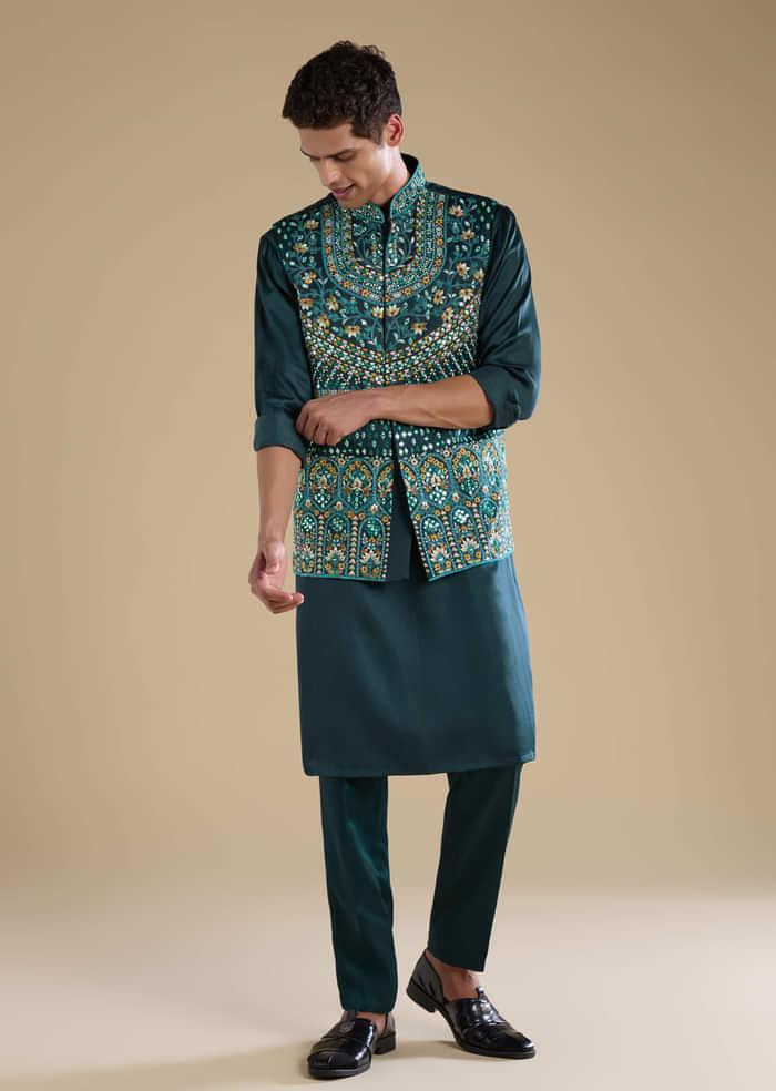 Teal Silk Jacket Kurta Set with Mirror Work
