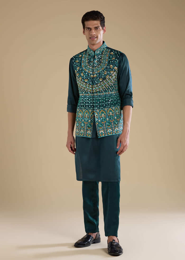 Teal Silk Jacket Kurta Set with Mirror Work