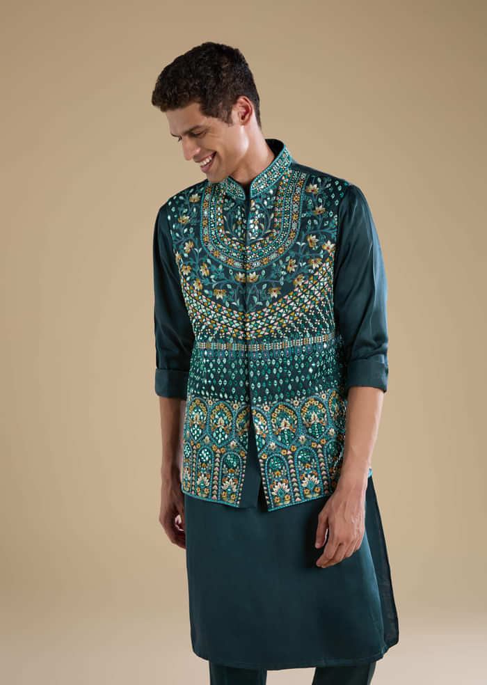 Teal Silk Jacket Kurta Set with Mirror Work