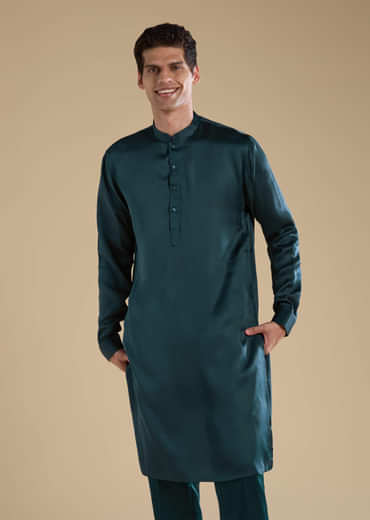 Teal Silk Jacket Kurta Set with Mirror Work