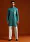 Teal Textured Kurta Set For Men With Thread Embroidery