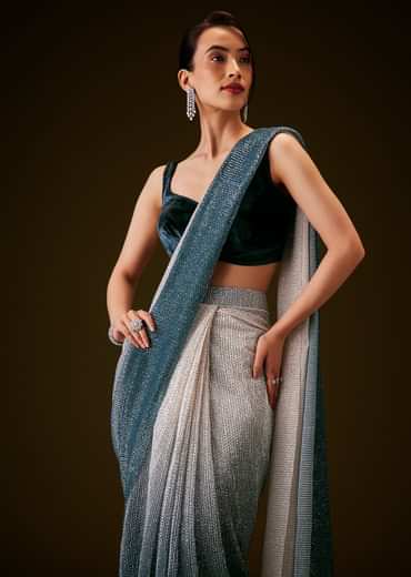 Teal And Cream Ombre Sequin Velvet Saree
