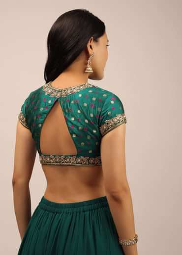 Teal Blouse In Brocade With Woven Buttis, Bandhani And Zardosi Embroidery