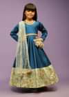 Kalki Girls Teal blue Anarkali gown with green border and intricate lace embroidery by fayon kids