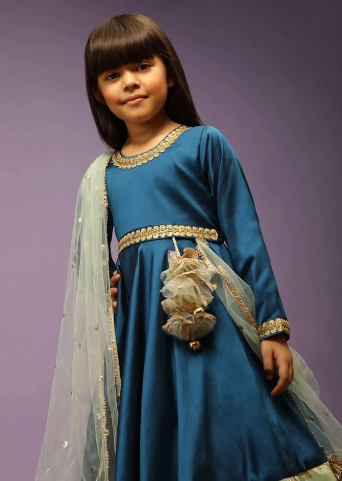 Kalki Girls Teal blue Anarkali gown with green border and intricate lace embroidery by fayon kids