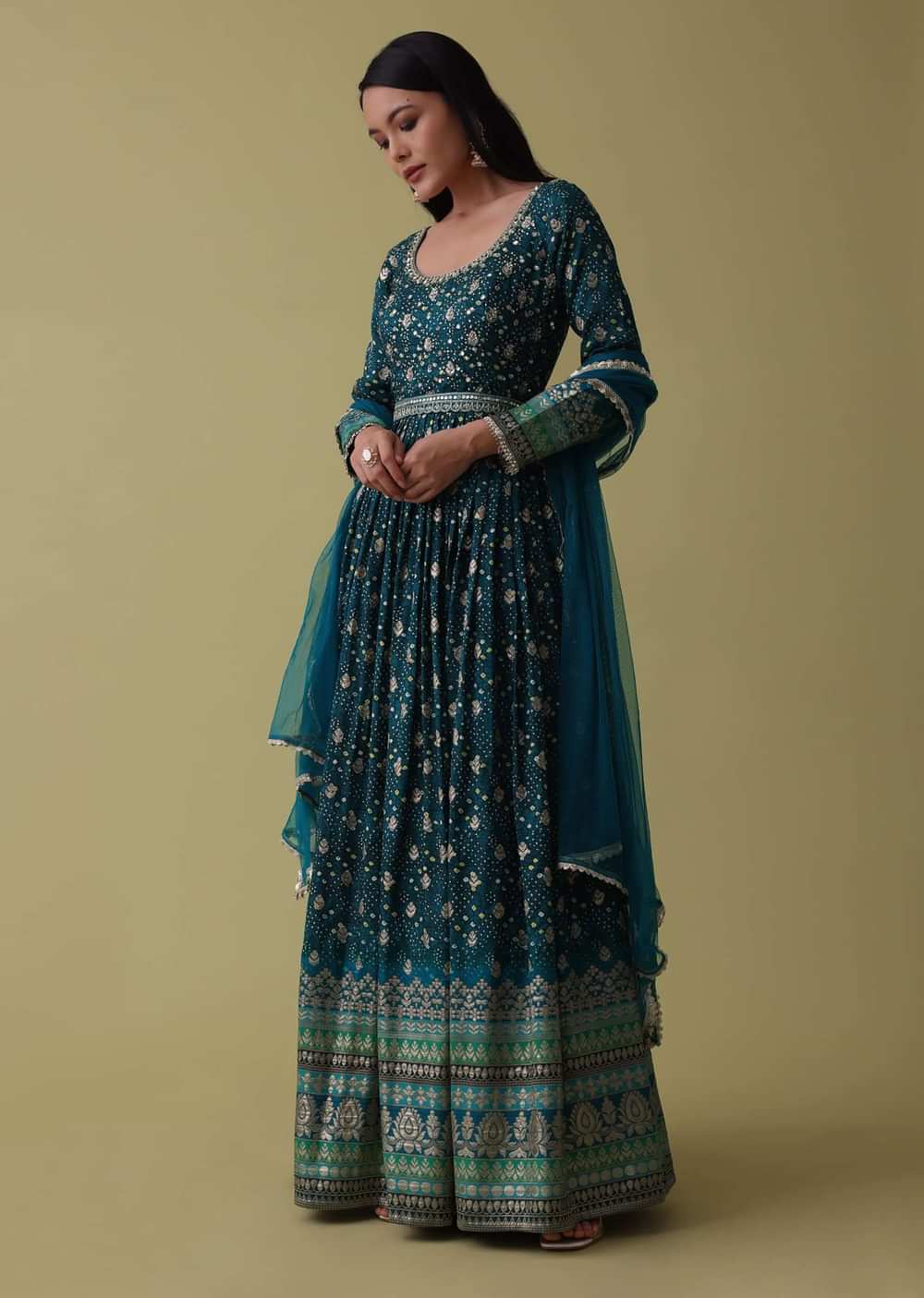 Teal Blue Anarkali Suit Set In Silk With Bandhani Print And Brocade Weave