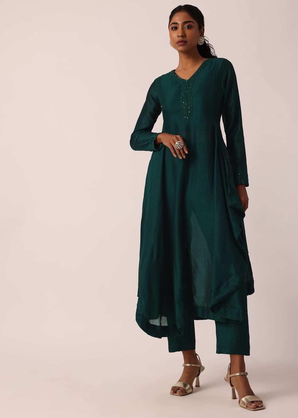 Teal Blue Asymmetric Kurta Set With Sequin Embellishments