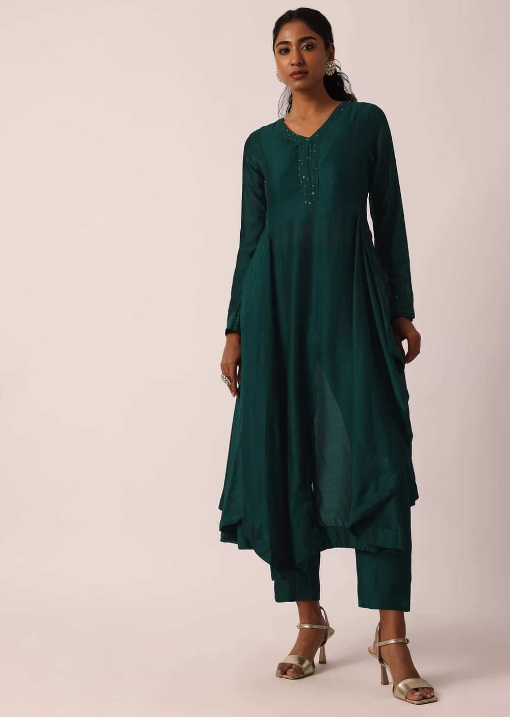 Teal Blue Asymmetric Kurta Set With Sequin Embellishments