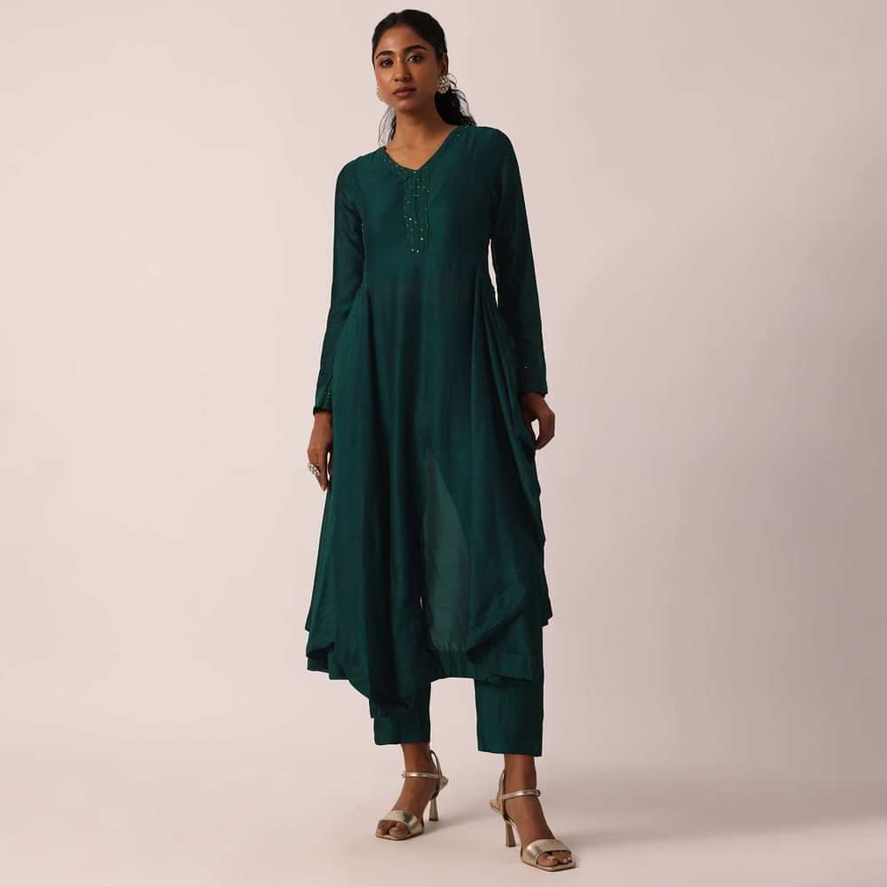 Teal Blue Asymmetric Kurta Set With Sequin Embellishments